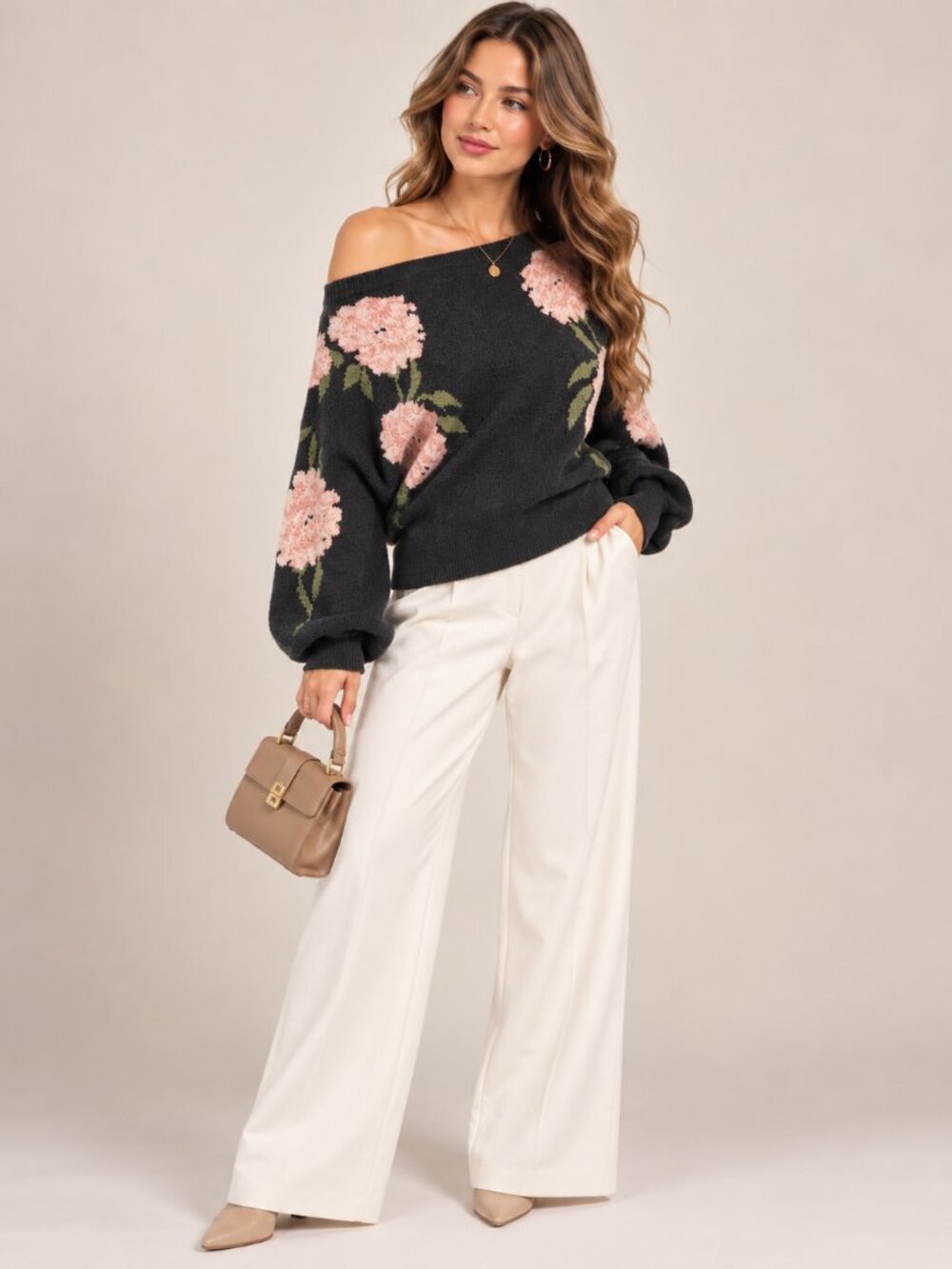 168- Romantic Floral Print Boat Neck Relaxed Long Sleeve Knit Sweater